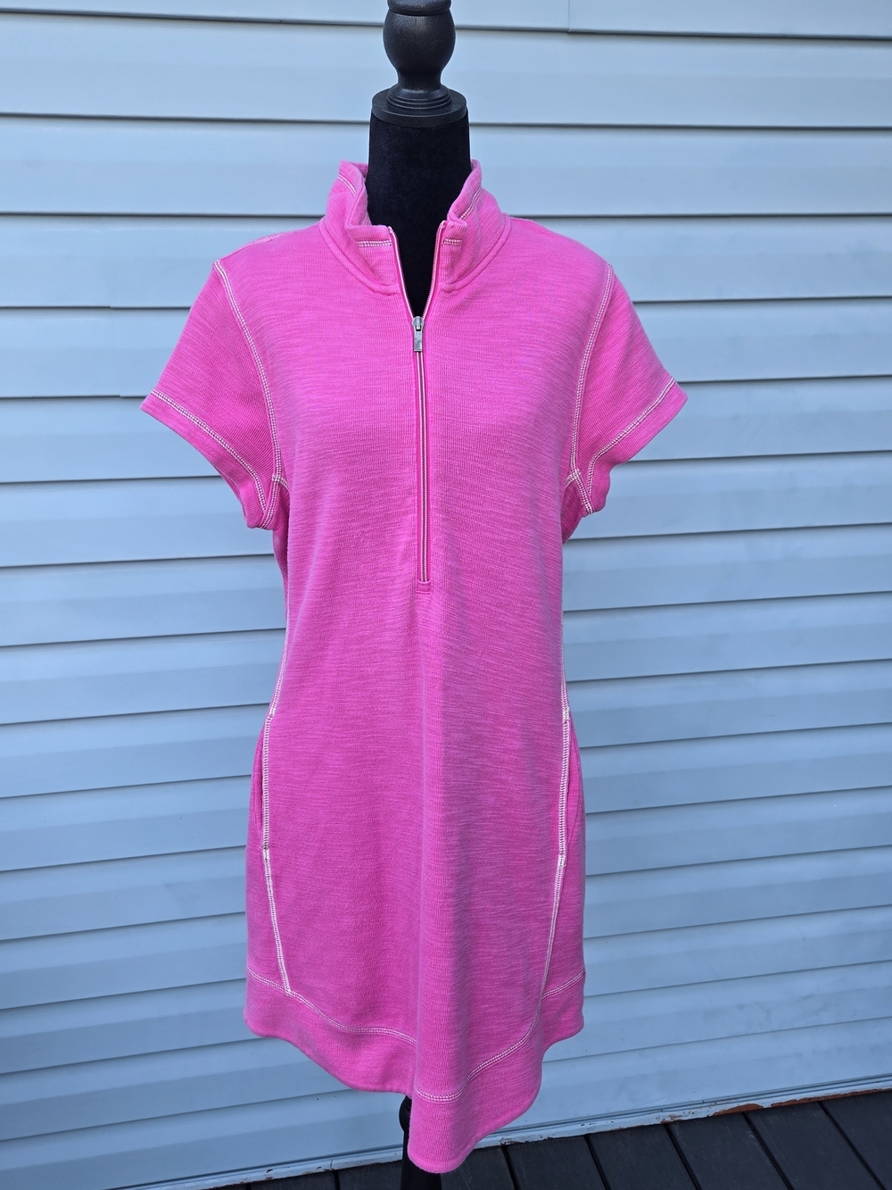 Tommy Bahama Bright Pink Short Sleeve Zip Neck Athletic Sweatshirt Dress Large
